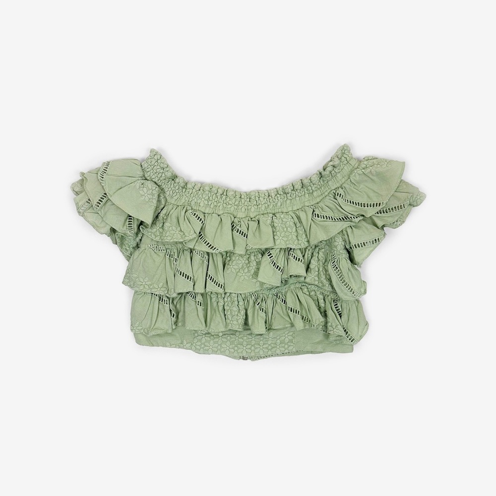 Anne Fernandes Ruffle Crop Top Size S Sage Green Cotton Coquette Romantic